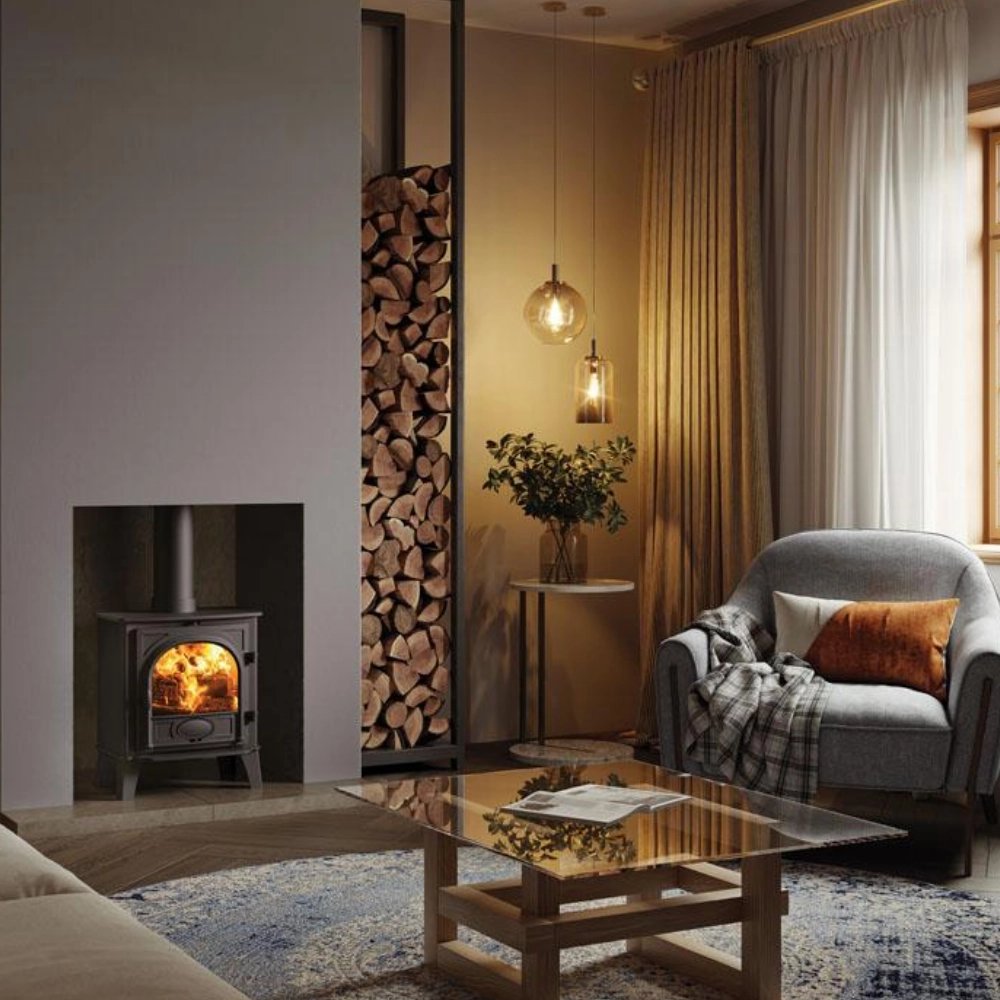Black wood burning stove installed in a modern living room fireplace