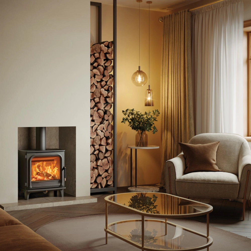 Inset black wood burning stove installed in a modern living room fireplace