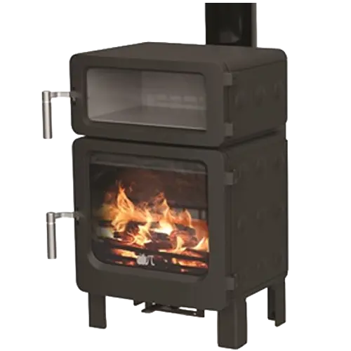 Black double door freestanding wood burning stove with flames visible in the lower chamber