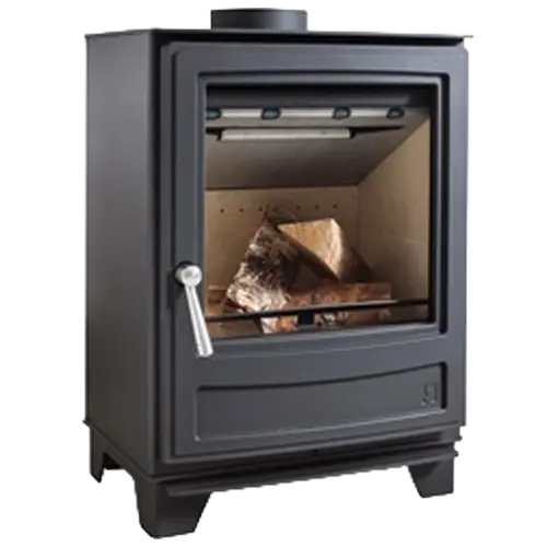 Black freestanding wood burning stove with glass door, silver handle, and logs inside.