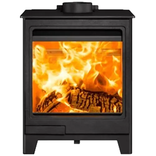 Black freestanding wood burning stove with wide glass door and bright flames inside