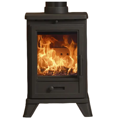Black freestanding wood burning stove with flames visible through the glass door