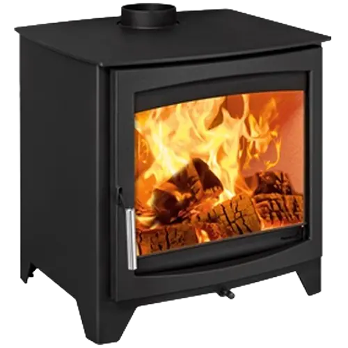Black freestanding wood burning stove with large glass front and bright flames inside