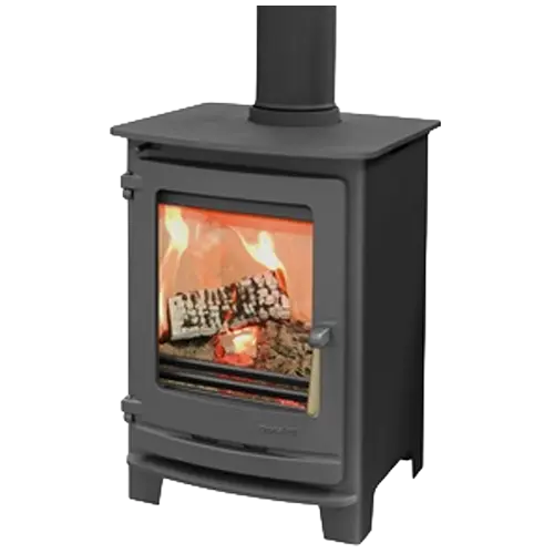 Black freestanding wood burning stove with top flue and log fire visible through the glass door