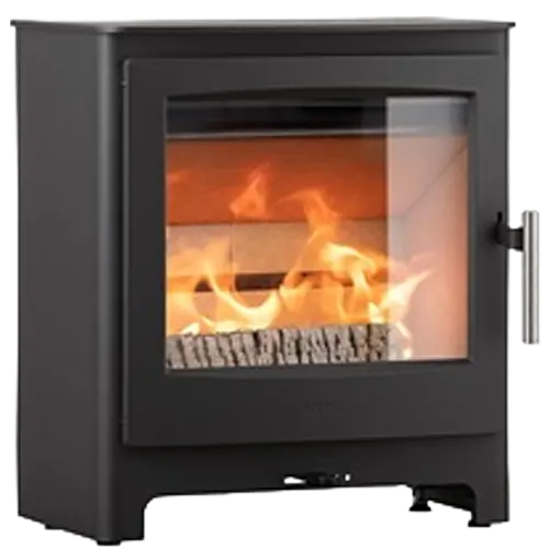 Black freestanding wood burning stove with wide glass door and visible flames