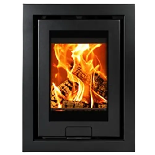 Black inset wood burning stove with flames visible through the glass door
