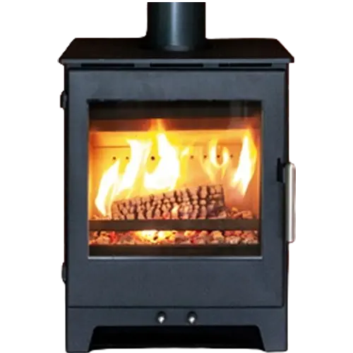Black wood burning stove with glass door showing flames and a burning log inside.