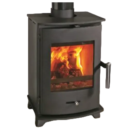 Black compact freestanding wood burning stove with side handle and visible flames