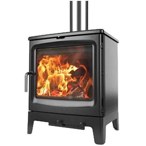 Contemporary black freestanding log burner with a large glass door, visible flames, raised legs, and flue pipes above.