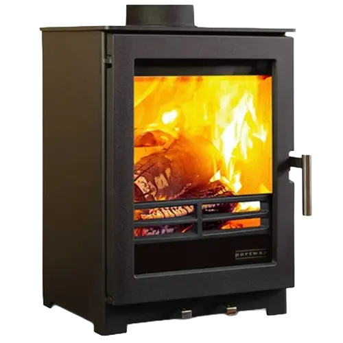 Black freestanding wood burning stove with glass door showing bright flames and burning logs inside.
