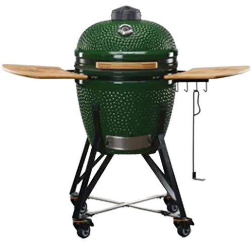 Green ceramic kamado barbecue grill with side shelves and wheeled stand