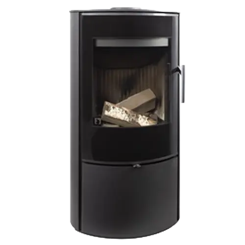 Modern black cylindrical wood burning stove with logs inside the glass front