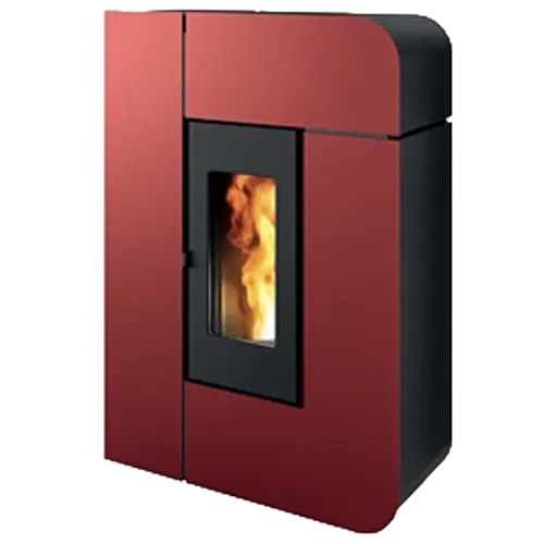 Red contemporary pellet stove with black side panel and small glass flame window