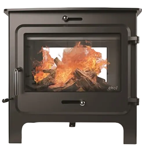Wide black freestanding wood burning stove with flames visible through the glass front