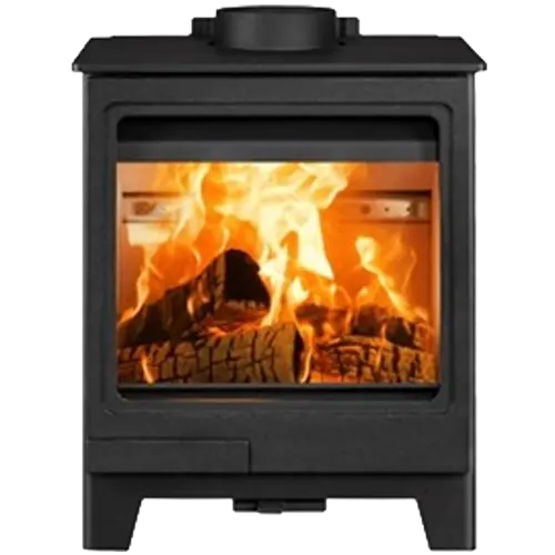 Black freestanding wood burning stove with a wide glass door, visible flames, burning logs, and raised legs.